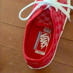 Red reflective checkered vans shoes